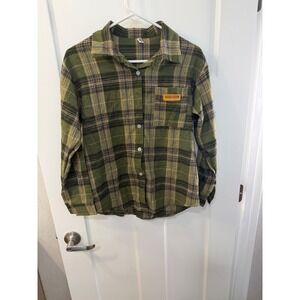 Fashion Classic Performance Plaid‎ Flannel Shirt Olive Green Brown Women Size 1